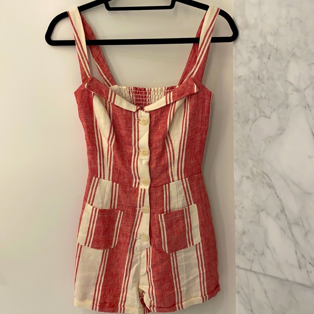 Reformation Linen Romper in Red Plaid. Size 2.
